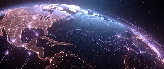 Wall Mural - anamorphic video ai neural networks covering planet illustration. global digital grid growing over e