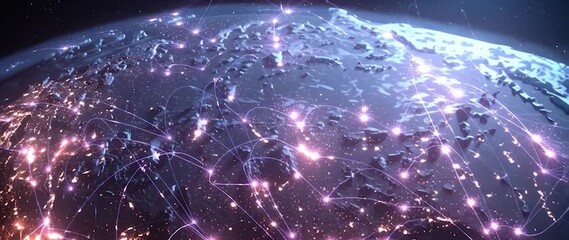 Wall Mural - anamorphic video ai neural networks covering planet illustration. global digital grid growing over e