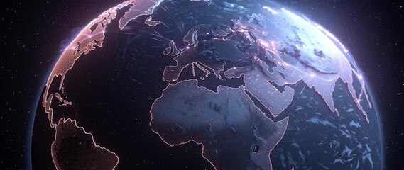 Wall Mural - anamorphic video ai neural networks covering planet illustration. global digital grid growing over e