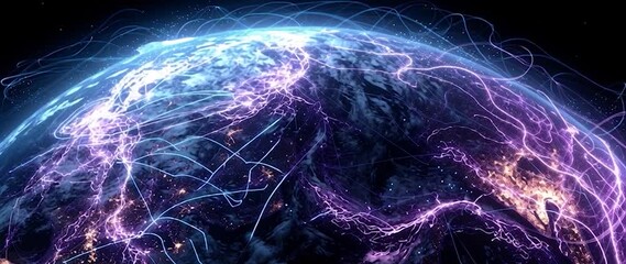 Wall Mural - anamorphic video ai neural networks covering planet illustration. global digital grid growing over e