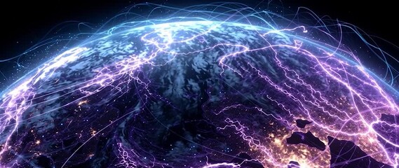 Wall Mural - anamorphic video ai neural networks covering planet illustration. global digital grid growing over e