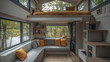 © KeJayStudio - Modern tiny house interior with gray couch and mustard pillows under loft bed, large windows showing forest and lake view, wooden stairs and shelves, cozy natural light