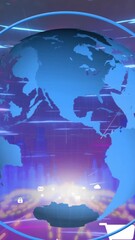 Wall Mural - animation of globe, digital icons and glowing light trails against 3d city model