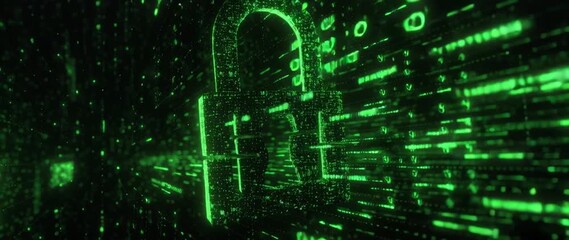 Wall Mural - anamorphic video high-tech digital security concept featuring a glowing lock
