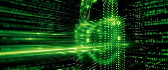 Wall Mural - anamorphic video high-tech digital security concept featuring a glowing lock