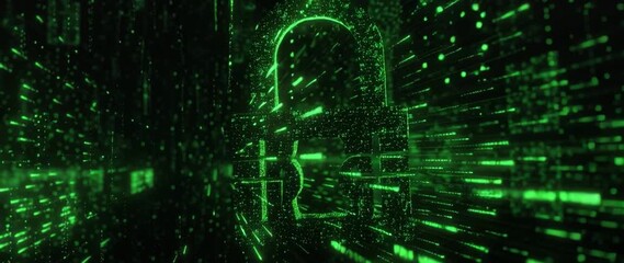 Wall Mural - anamorphic video high-tech digital security concept featuring a glowing lock