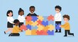© DASHINKAN - Diverse group of people collaborating to connect colorful jigsaw puzzle pieces, a concept of teamwork, unity, and problem-solving.