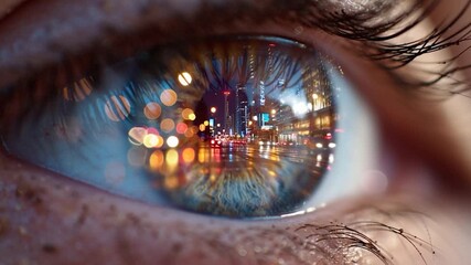 Wall Mural - city lights reflected in a closeup of an eye