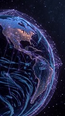 Wall Mural - vertical video ai neural networks covering planet illustration. global digital grid growing over ear