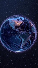 Wall Mural - vertical video ai neural networks covering planet illustration. global digital grid growing over ear