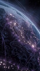 Wall Mural - vertical video ai neural networks covering planet illustration. global digital grid growing over ear