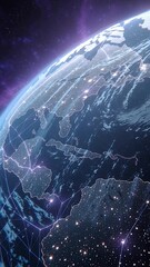 Wall Mural - vertical video ai neural networks covering planet illustration. global digital grid growing over ear