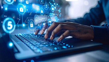 cybersecurity architect: a person's hands expertly navigate a laptop keyboard, intertwined with a ne