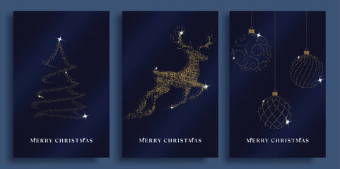 Wall Mural - Merry Christmas greeting card clipart poster set. Merry Christmas greeting text clip art with gold glittered pine tree, reindeer and elegant hanging xmas balls in blue background for holiday season 