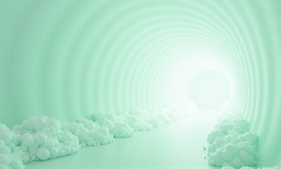 Wall Mural - abstract image of a light green tunnel with soft, white cloud-like formations along its sides, leadi