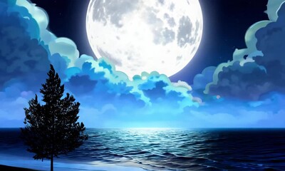 Wall Mural - A radiant, glowing moon casts a silvery light across the night sky, surrounded by twinkling stars