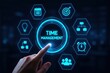 © RONY - Human finger touching a glowing blue circle with the words time management and surrounding icons representing tasks and goals