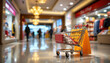 © kiattisak - Shopping cart with yellow bag stands prominently retail store, surrounded by blurred shoppers and colorful displays. atmosphere is vibrant and bustling, evoking sense of excitement and consumerism
