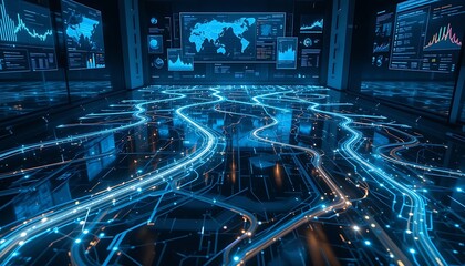 Wall Mural - futuristic data center with glowing network connections and global analytics