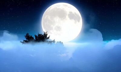 Wall Mural - A radiant, glowing moon casts a silvery light across the night sky, surrounded by twinkling stars