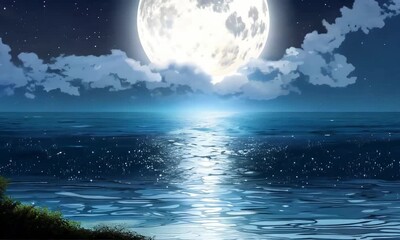 Wall Mural - A radiant, glowing moon casts a silvery light across the night sky, surrounded by twinkling stars