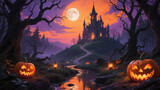 A hauntingly picturesque Halloween scene featuring a mysterious, gothic castle perched atop a hill under a vibrant orange and purple sky. Halloween, Halloween Costumes, Halloween Background