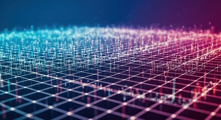 Abstract digital grid pattern with glowing points and lines, creating a futuristic, data-rich visual effect.