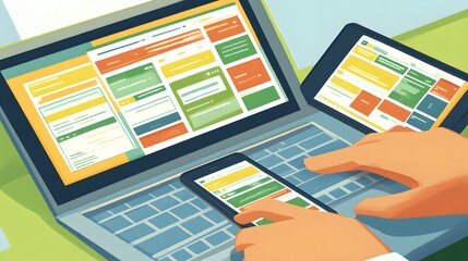 Colorful computer and mobile device displays showing interactive web pages.