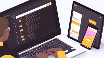 person working on multiple digital devices, focused on design and development.