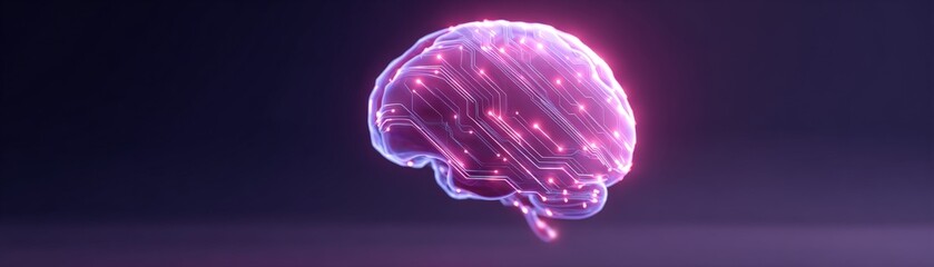 Advanced Brain Computer Interface Technology for Future Connectivity, Digital brain with circuit patterns, glowing in purple hues against a dark background.
