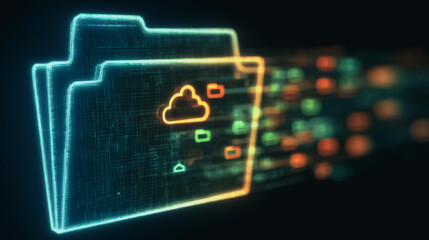 Wall Mural - cloud data transfer: neon glowing folders and cloud icon symbolizing seamless data transfer and clou