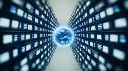 Wall Mural - central data hub: the image depicts a central, glowing sphere of energy within a high-tech server ro