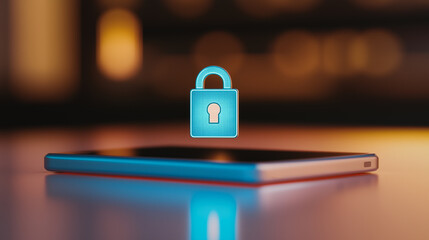 Wall Mural - secured smartphone: a glowing padlock hovers above a smartphone, symbolizing digital security and da