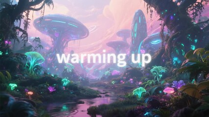 Wall Mural - Explore a vibrant neon jungle with futuristic trees and a serene river in a fantasy landscape, perfect for a tranquil background.
