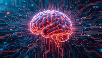 Visualize the intelligence of AI with this glowing blue circuit brain perfect for machine learning, digital transformation, and tech content