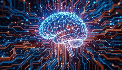 Visualize the intelligence of AI with this glowing blue circuit brain perfect for machine learning, digital transformation, and tech content