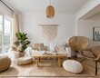 © Patria - Scandinavian family room with white walls, light wood furniture, minimalist decor, and soft woven throws
