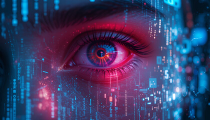 Human eye overlaid with digital data streams and futuristic technology, showing a close-up view with vibrant colors.