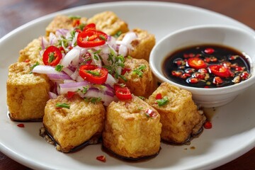 Wall Mural - Fried tofu known as tahu pong is a basic Indonesian dish served on a white plate with soy sauce chilies and red onions