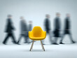 © Jiajia - Bright yellow chair stands out amidst blurred silhouettes of people, creating a unique focus on individuality and job search.