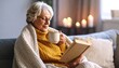 © Thachakrit - Grandma peacefully reading a novel on the sofa, warm tea and a gentle breeze nearby.