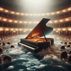 Wall Mural - Flooded opera house velvet seats submerged waterlogged grand pia