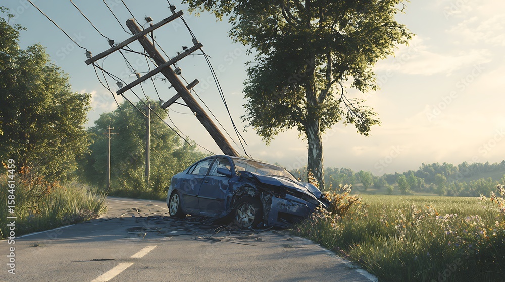 Damaged blue car crashed into a leaning utility pole with downed wires ...