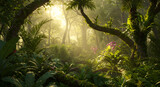 Lush tropical rainforest with vibrant green foliage and sunlight filtering through dense canopy – photorealistic nature scene with rich details, perfect for eco, travel, and environmental themes