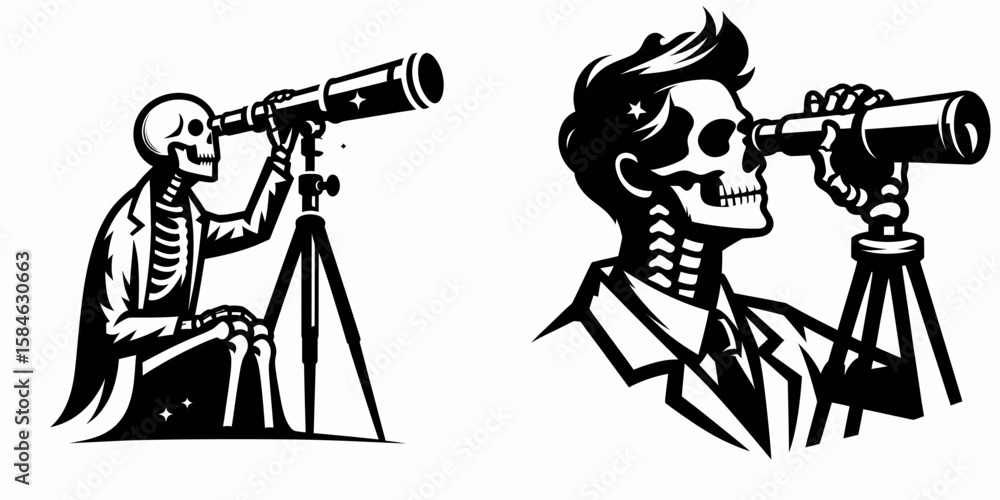 Observing Skeleton A Skeleton as Scientist looking through telescope amazed. Skull Bones ...