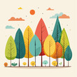 © Jackson Photography - A flat vector illustration displays a collection of stylized, colorful trees with different shapes and bold silhouettes on a neutral beige background, arranged in a playful layout.
