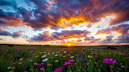 Wall Mural - a close up of a field of flowers with a sunset in the background