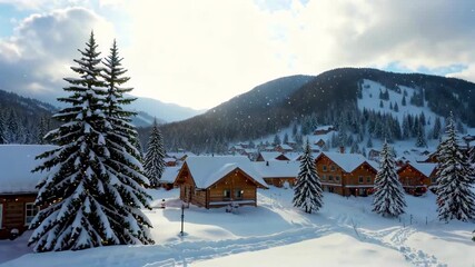 Wall Mural - snowy mountain scene with a cabin and pine trees in the foreground