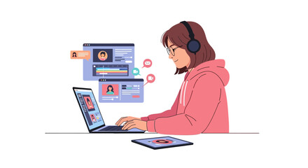 Young Woman Editing Video on Laptop with Headphones Smiling.