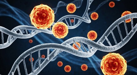 Sticker - microscopic view of dna strands and cancer cells medical science research concept